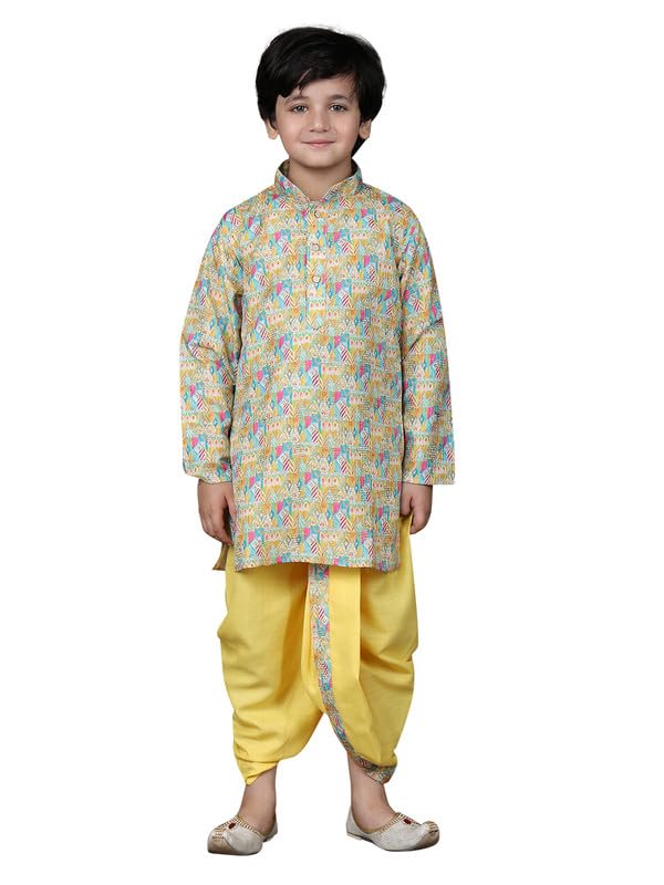 superminis Cotton Printed Full Sleeve Kurta and Dhoti Kids Ethnic Wear Set (7-8 Years, Yellow) - Image 1