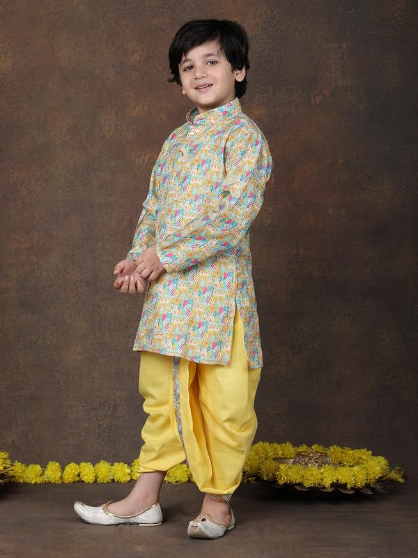 superminis Cotton Printed Full Sleeve Kurta and Dhoti Kids Ethnic Wear Set (7-8 Years, Yellow) - Image 4