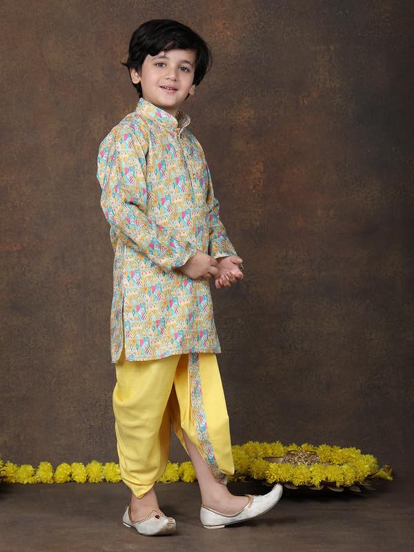 superminis Cotton Printed Full Sleeve Kurta and Dhoti Kids Ethnic Wear Set (7-8 Years, Yellow) - Image 3