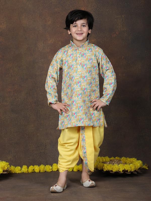 superminis Cotton Printed Full Sleeve Kurta and Dhoti Kids Ethnic Wear Set (7-8 Years, Yellow) - Image 2