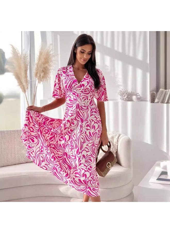European And American Women's Clothing Independent Station Explosions Printed V-neck Waist Short-sleeved Dress 