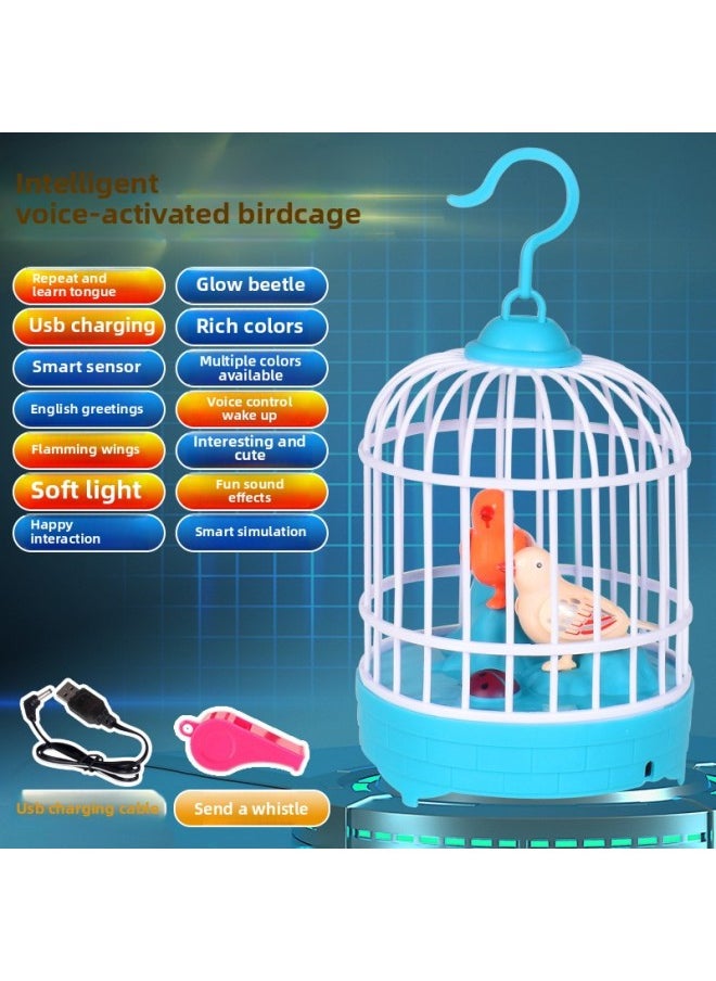 Learn To Talk Bird Children's Bird Cage Toy Voice Control Electric Singing And Dancing Girl Baby Boy 1-3-6 Years Old-Color:Blue Cage [upgrade USB Charging Learn To Speak]]-Specifications:send Children Whistle]  - Image 1