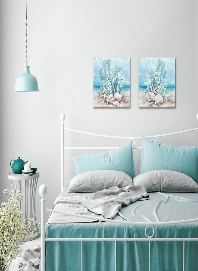 iHAPPYWALL 2 Pieces Ocean Theme Canvas Wall Art Coastal Shell Starfish Coral Conch Picture for Bathroom Kitchen Living Room Ready to Hang 12x12inchx2pcs - Image 5