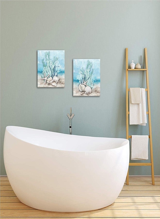iHAPPYWALL 2 Pieces Ocean Theme Canvas Wall Art Coastal Shell Starfish Coral Conch Picture for Bathroom Kitchen Living Room Ready to Hang 12x12inchx2pcs - Image 3