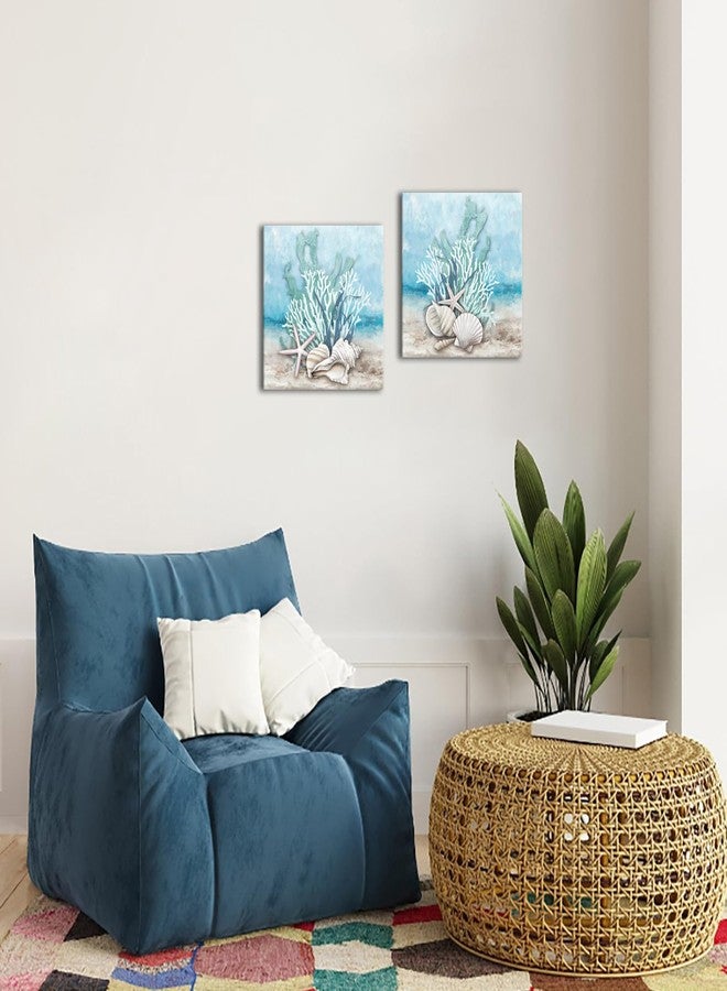 iHAPPYWALL 2 Pieces Ocean Theme Canvas Wall Art Coastal Shell Starfish Coral Conch Picture for Bathroom Kitchen Living Room Ready to Hang 12x12inchx2pcs - Image 2