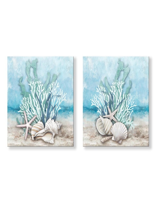 iHAPPYWALL 2 Pieces Ocean Theme Canvas Wall Art Coastal Shell Starfish Coral Conch Picture for Bathroom Kitchen Living Room Ready to Hang 12x12inchx2pcs - Image 1