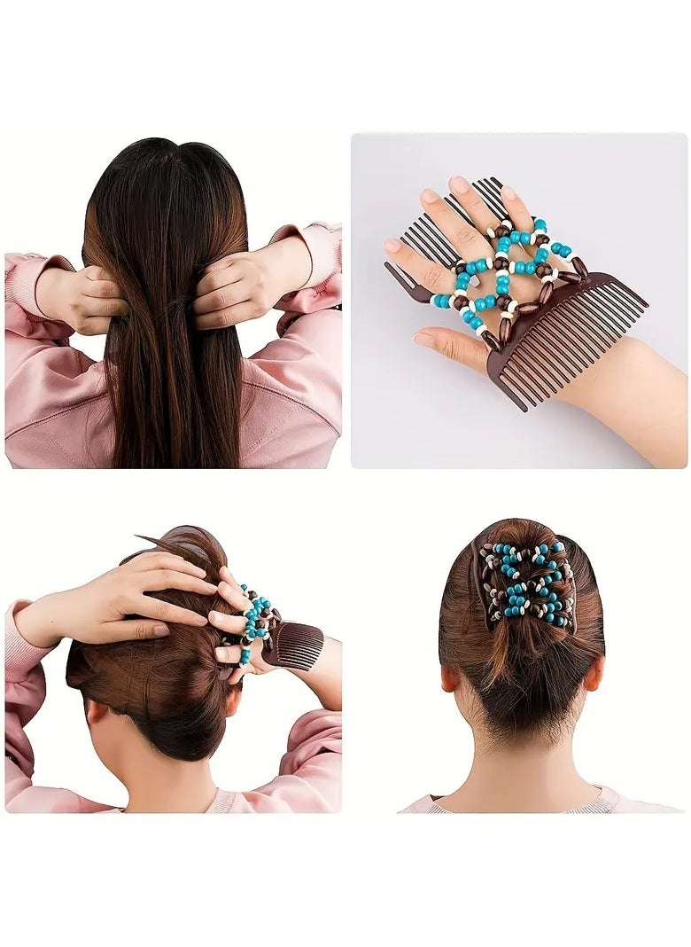 Goolsky 2pcs Women Magic Hair Combs Wooden Beaded Stretch Double Side Combs Clips Bun Maker Hair Accessories 