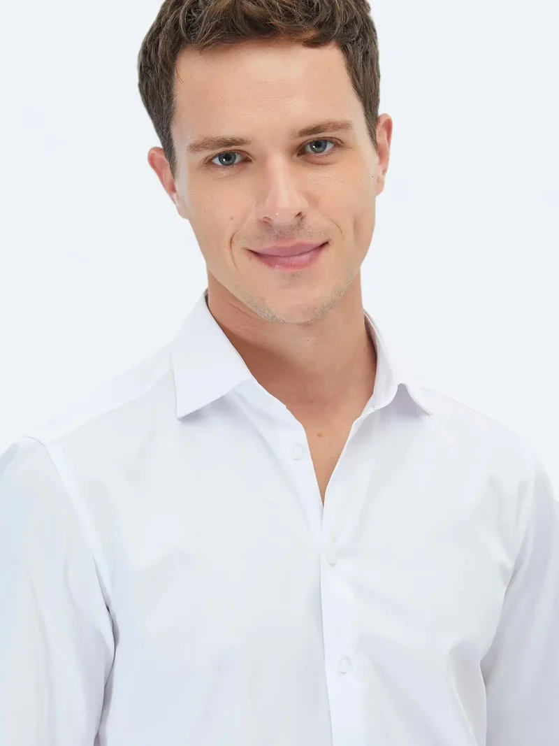 Kip White Plain Slim Fit Weaving Classical 100% Cotton Shirt