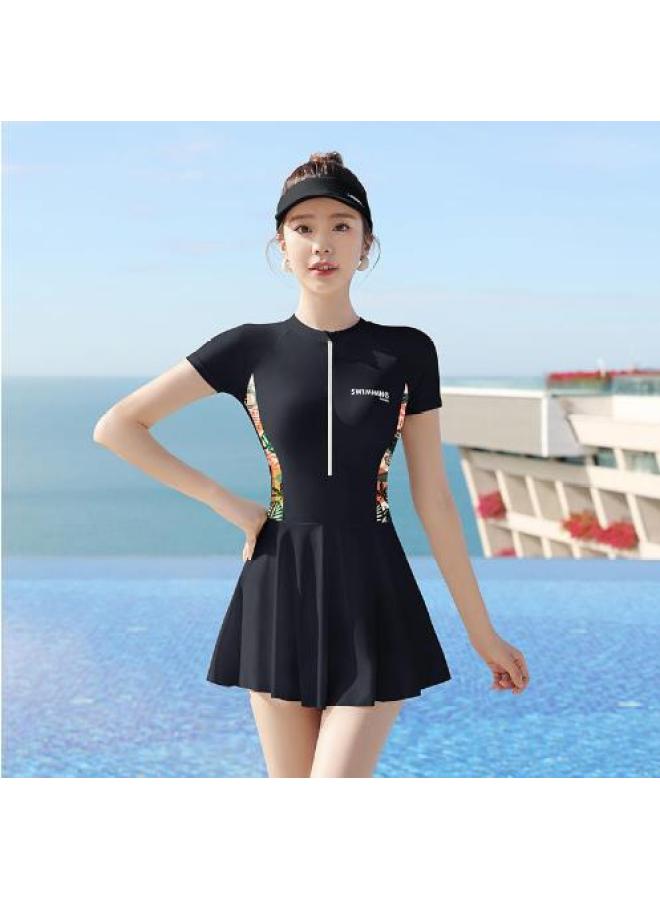Generic Swimsuit Women's Hot Spring 2023 Hot Style Fashion Sports Internet Popular Style Conservative Slim Special One-piece Skirt Swimsuit-Color:14128 Black- - Image 1
