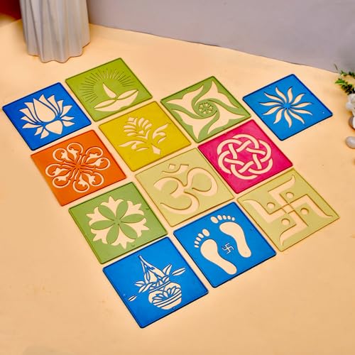 CRAFTAM Different Design Ready to Draw Rangoli Making Stencils, Rangoli Plastic Stencils for Floor Decoration, Diwali Rangoli art stencils reusable, Festival decoration Rangoli tools (Set of 12, Size 4x4 Inch) - Image 1