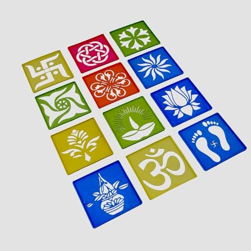 CRAFTAM Different Design Ready to Draw Rangoli Making Stencils, Rangoli Plastic Stencils for Floor Decoration, Diwali Rangoli art stencils reusable, Festival decoration Rangoli tools (Set of 12, Size 4x4 Inch) - Image 4