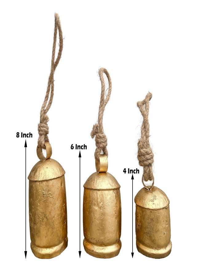 EXNOT Vintage Metal Harmony Bells, Rustic Farmhouse Door Hanging Cow Bells, Gold Shabby Chic Christmas Decor, Bells for Christmas Wreath, Set of 3 with Jute Rope - Image 3
