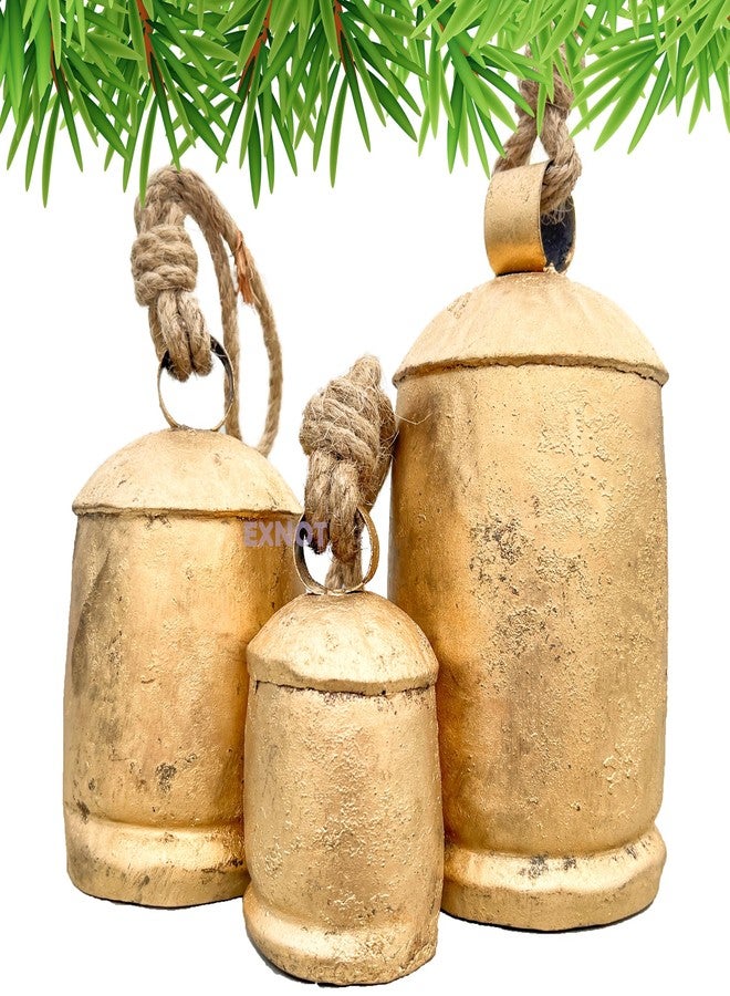 EXNOT Vintage Metal Harmony Bells, Rustic Farmhouse Door Hanging Cow Bells, Gold Shabby Chic Christmas Decor, Bells for Christmas Wreath, Set of 3 with Jute Rope - Image 1