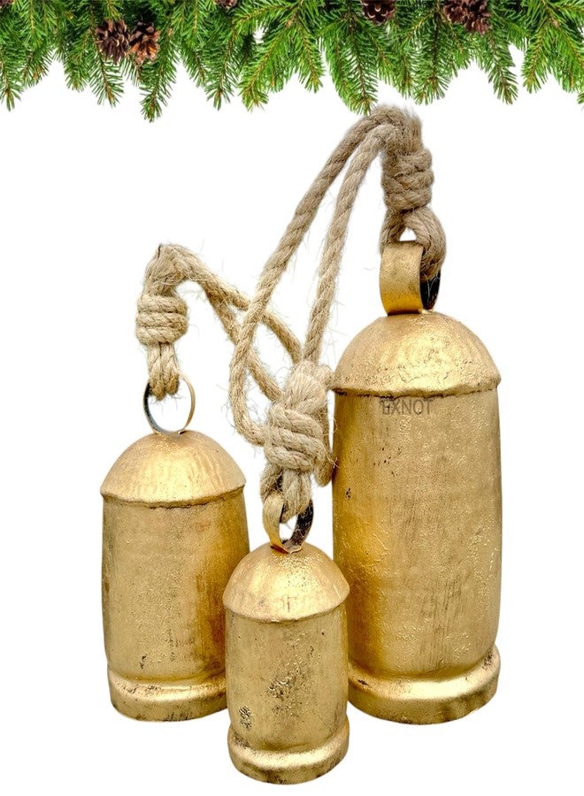EXNOT Vintage Metal Harmony Bells, Rustic Farmhouse Door Hanging Cow Bells, Gold Shabby Chic Christmas Decor, Bells for Christmas Wreath, Set of 3 with Jute Rope - Image 2