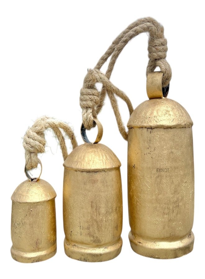 EXNOT Vintage Metal Harmony Bells, Rustic Farmhouse Door Hanging Cow Bells, Gold Shabby Chic Christmas Decor, Bells for Christmas Wreath, Set of 3 with Jute Rope - Image 4