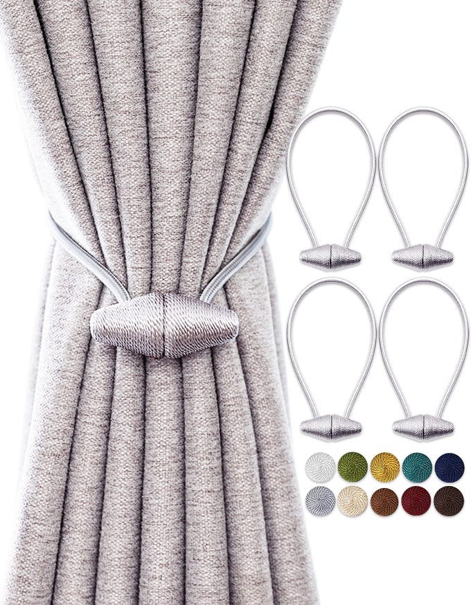 Magnetic Curtain Tiebacks with Upgrade Larger Magnet 4 Pack 16 Inch Drapery Holdbacks for Indoor Outdoor Curtain Silver Grey