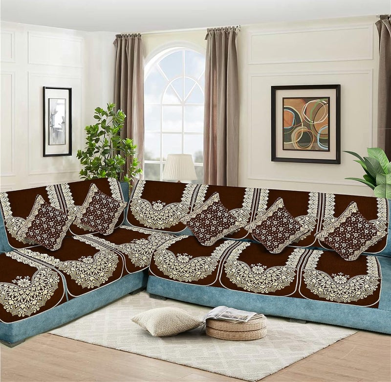 مجموعة أغطية أريكة على شكل حرف L من SAWNA HOMES 6 مقاعد مع 5 أغطية وسائد 321 مقعد لأريكة غرفة المعيشة وغرفة الرسم وحماية مقعد الأريكة أغطية الانزلاق والظهر 10 قطع قهوة