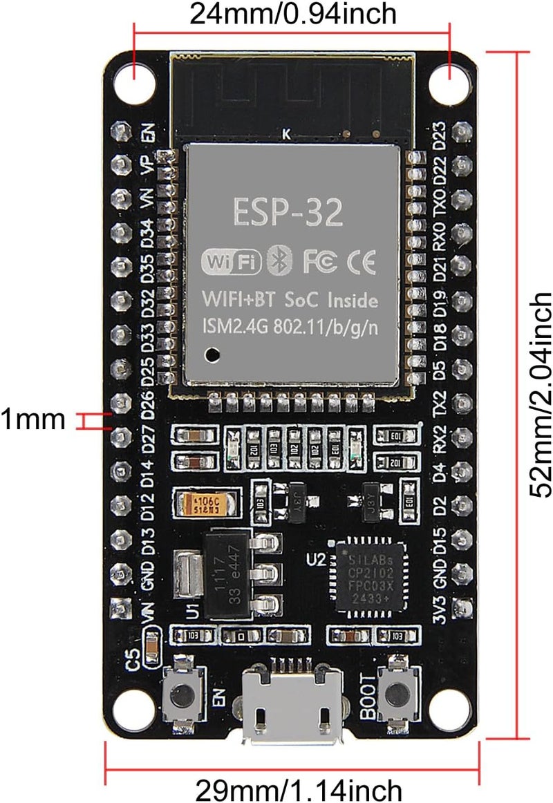 AiTrip ESP-WROOM-32 ESP32 ESP-32S Development Board 2.4GHz Dual-Mode WiFi + Bluetooth Dual Cores Microcontroller Processor Integrated with Antenna RF AMP Filter AP STA Compatible with Arduino IDE (Pack of 1) - Image 2
