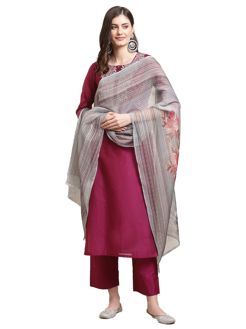 Varanga women Magenta Zari Embroidery Kurta Trouser Set With Floral Printed Organza Dupatta - Image 1