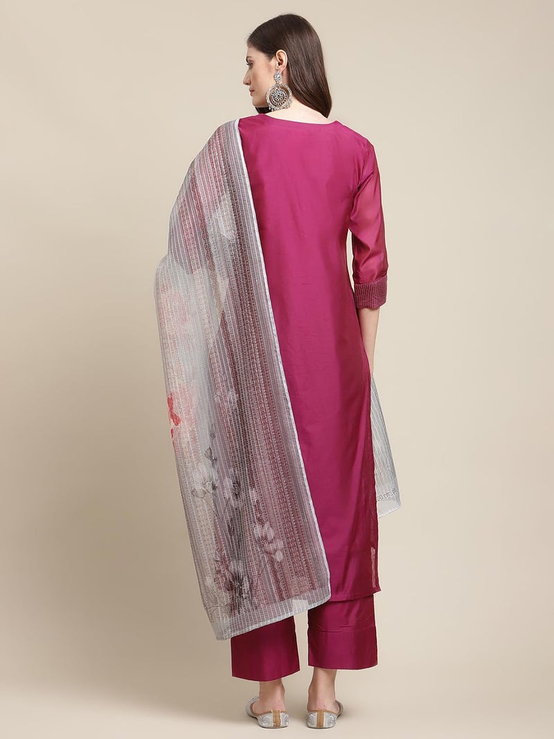 Varanga women Magenta Zari Embroidery Kurta Trouser Set With Floral Printed Organza Dupatta - Image 4