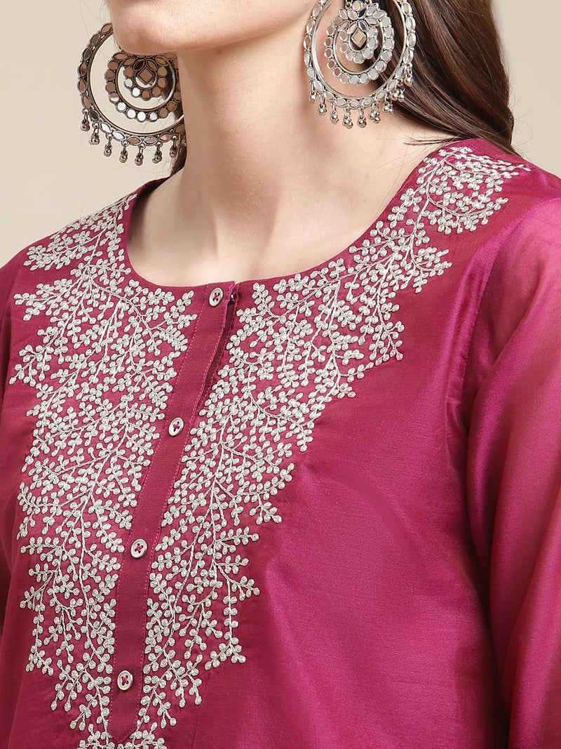 Varanga women Magenta Zari Embroidery Kurta Trouser Set With Floral Printed Organza Dupatta - Image 5
