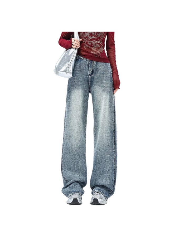 EPTISON جينز درابنج بطول الأرض للنساء، طراز هونغ كونغ الربيعي العتيق، بنطلونات واسعة فضفاضة مريحة للنساء - Image 1