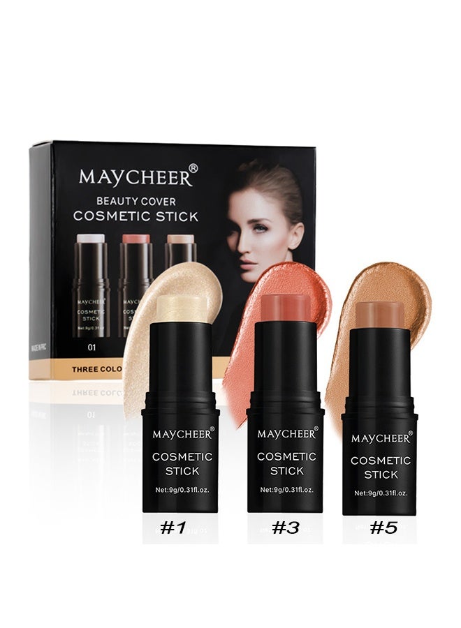 MAYCHEER Beauty Cover Cosmetic Stick 3 Colors Combination Concealer Sticks Kit, Blush Highlighter Contour Pen Makeup Set, for Sculpt the Cheeks - Image 1