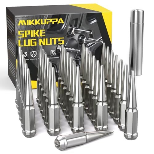 MIKKUPPA M14x1.5 Wheel Spike Lug Nuts, 32 PCS Chrome Spiked 14mmx1.5 Solid 4.4" Tall Acorn Lug Nuts with 1 Socket Key Replacement for Chevy Silverado 1500 2500 3500, F-150 F-250 F-350 - Image 1