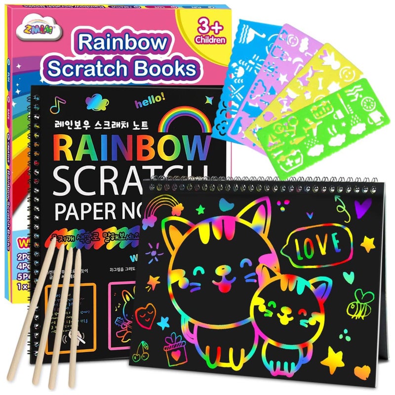 ZMLM Scratch Paper Art-Crafts Notebook: 2 Pack Bulk Rainbow Magic Paper Supplies Toys for 3 4 5 6 7 8 9 10 Years Old Girls Kids Favors Gifts for Birthday Halloween Christmas Party Game - Image 1