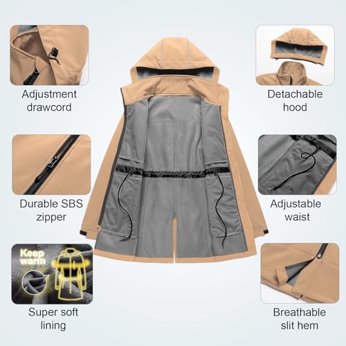 CREATMO US Womens Coats Lightweight Softshell Jacket Fleece Fit Jacket For Womens Waterproof Sport Rain jackets With Hooded For Walking Hiking Travel Outdoor Khaki 3XL - Image 5