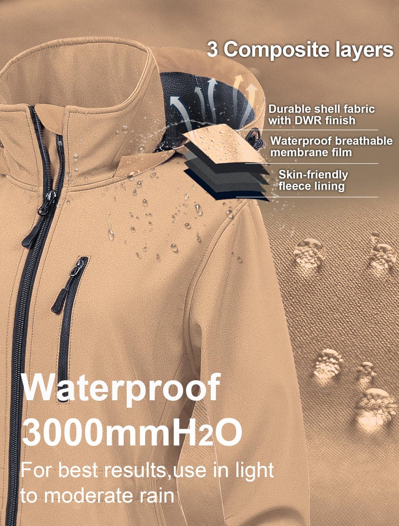 CREATMO US Womens Coats Lightweight Softshell Jacket Fleece Fit Jacket For Womens Waterproof Sport Rain jackets With Hooded For Walking Hiking Travel Outdoor Khaki 3XL - Image 4