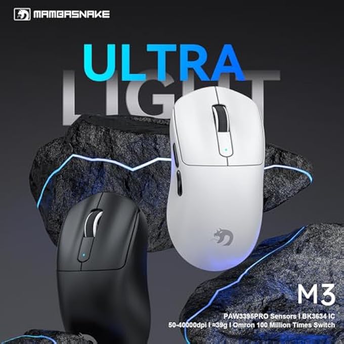 MAMBASNAKE M3 WIRELESS GAMING MOUSE WITH LIGHTWEIGHT 39G,PIXART PAW3395 PRO SENSOR 40K DPI,TRI MODE-2.4G/BLUETOOTH/WIRED,100M CLICKS MICRO SWITCH,COILED CABLE,PROGRAMMABLE FOR WIN PC MAC GAMER(BLACK) - Image 2