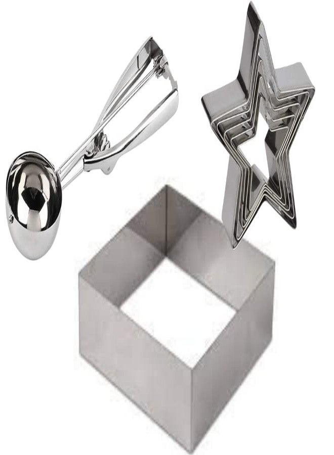 Baking Set Square Cake Ring Stainless Steel Cutter,Star Cookie Cutter Set-5 pcs,Ice Cream Scoop Serving Spoon Cake Cookie Cutter Set Pastry Mold-for 3D Christmas Tree/linzer Cookies(Multiple Product) - Image 1