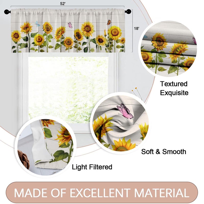 Emvency 4 Pack Valances Window Treatments, Farmhouse Sunflower Spring Summer Butterfly Blackout Adjustable for Living Room Bathroom Bedroom Kitchen Over Sink, 18x52 Inch Rod Pocket Valances - Image 2