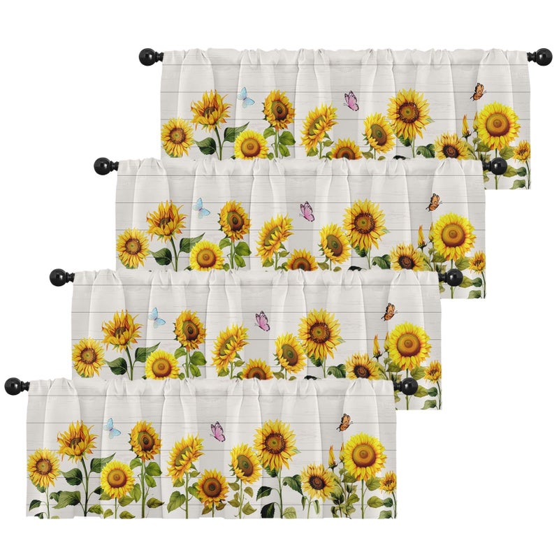Emvency 4 Pack Valances Window Treatments, Farmhouse Sunflower Spring Summer Butterfly Blackout Adjustable for Living Room Bathroom Bedroom Kitchen Over Sink, 18x52 Inch Rod Pocket Valances - Image 1