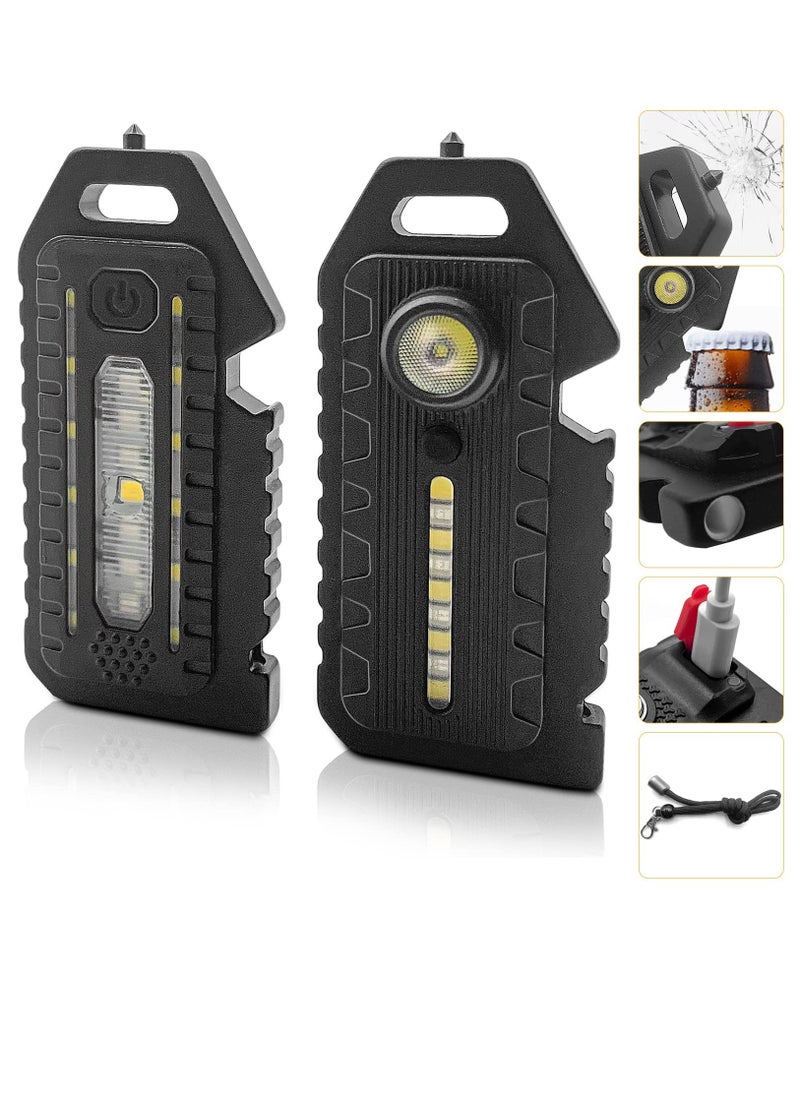 LED Small Flashlight, 2 Pcs Bright Rechargeable Keychain Flashlights 3 Light Modes Portable Magnetic Pocket Light with Hanging Rope Bottle Opener Window Breaker Whistle for Fishing Camping - Image 1
