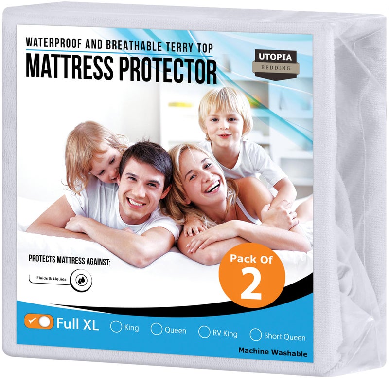 Utopia Bedding Utopia Bedding Waterproof Mattress Protector Full XL Size 2 Pack  200 GSM Breathable Terry Mattress Cover  Fitted Style with Stretchable Pockets (White)  - Image 1