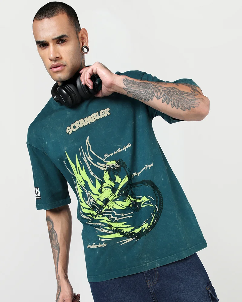 بيواكوف Men's Dark Sea Green Scrambler Graphic Printed Oversized Acid Wash T-shirt