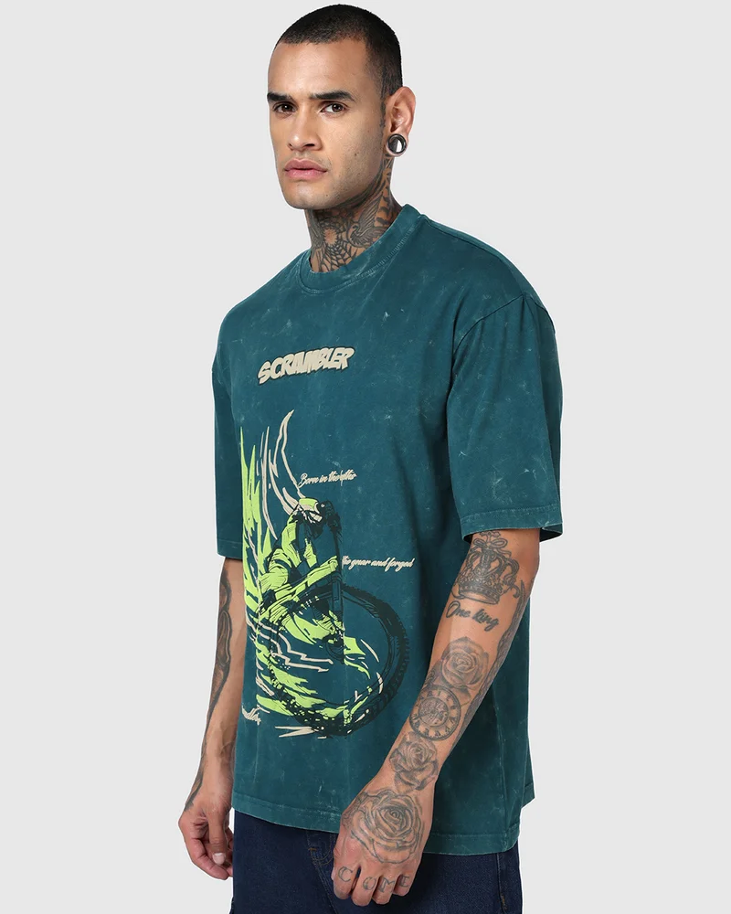 بيواكوف Men's Dark Sea Green Scrambler Graphic Printed Oversized Acid Wash T-shirt