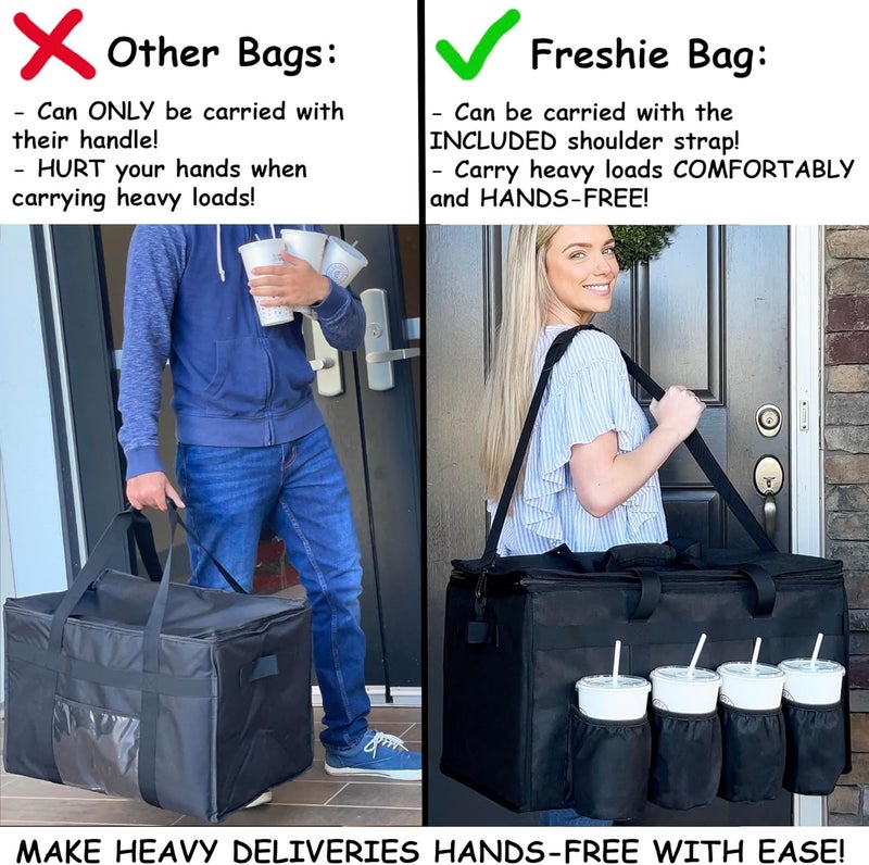 FRESHIE Insulated Food Delivery Bag with Cup Holders/Drink Carriers Premium, for Doordash, Uber Eats, Grubhub, Pizza Bag, Catering, Beverage, Commercial Quality (XL Pro) - Image 3