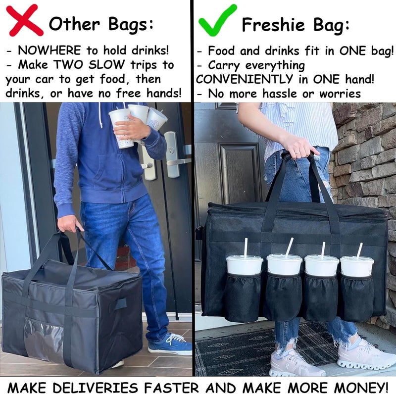FRESHIE Insulated Food Delivery Bag with Cup Holders/Drink Carriers Premium, for Doordash, Uber Eats, Grubhub, Pizza Bag, Catering, Beverage, Commercial Quality (XL Pro) - Image 2