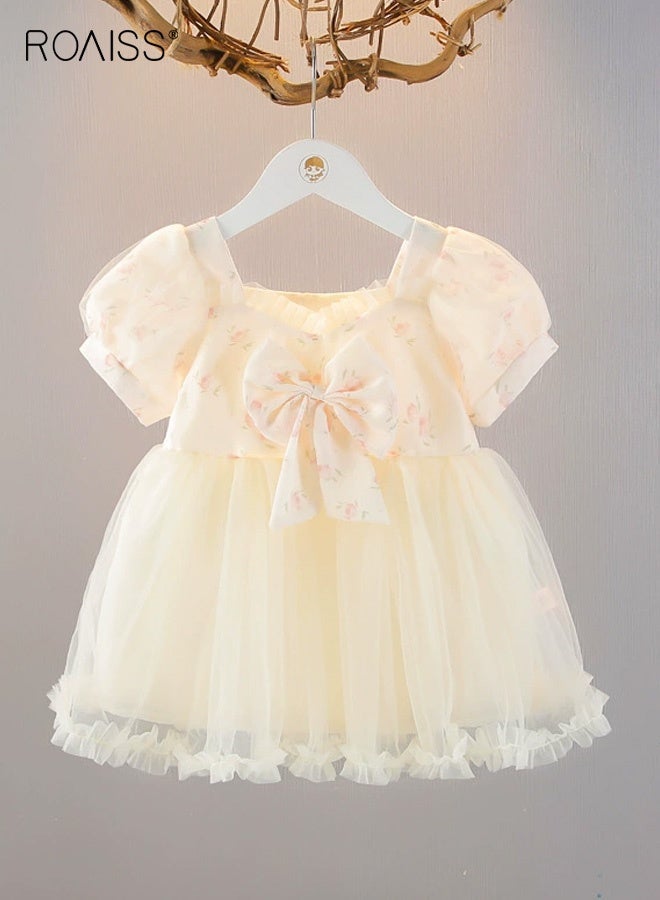 roaiss Girls Tulle Dress with Lining, Stylish Chic A-Line Dress with Bowknot, Puff Sleeve Floral Dress with Ruffled Hem, Skin-friendly Breathable Frock for Girls, Suitable for Daily Wear or Any Occasion - Image 1