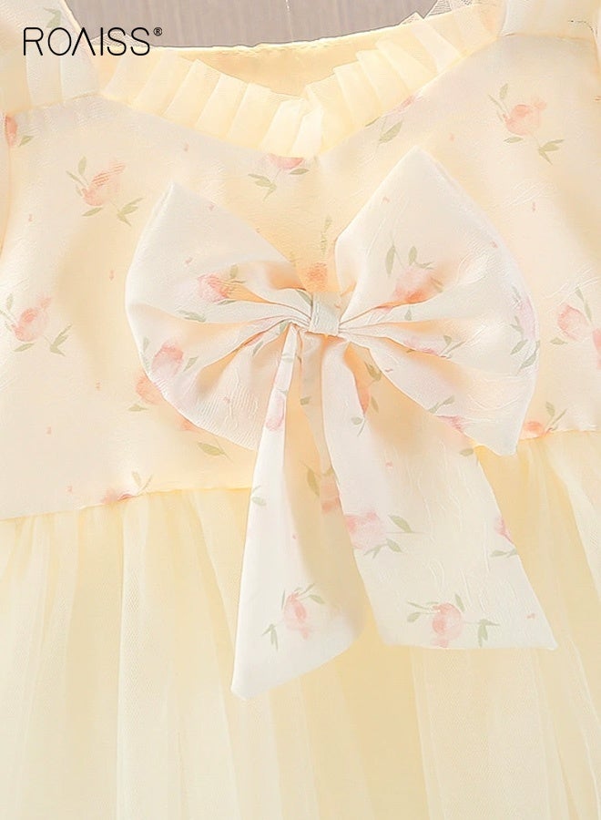 roaiss Girls Tulle Dress with Lining, Stylish Chic A-Line Dress with Bowknot, Puff Sleeve Floral Dress with Ruffled Hem, Skin-friendly Breathable Frock for Girls, Suitable for Daily Wear or Any Occasion - Image 3