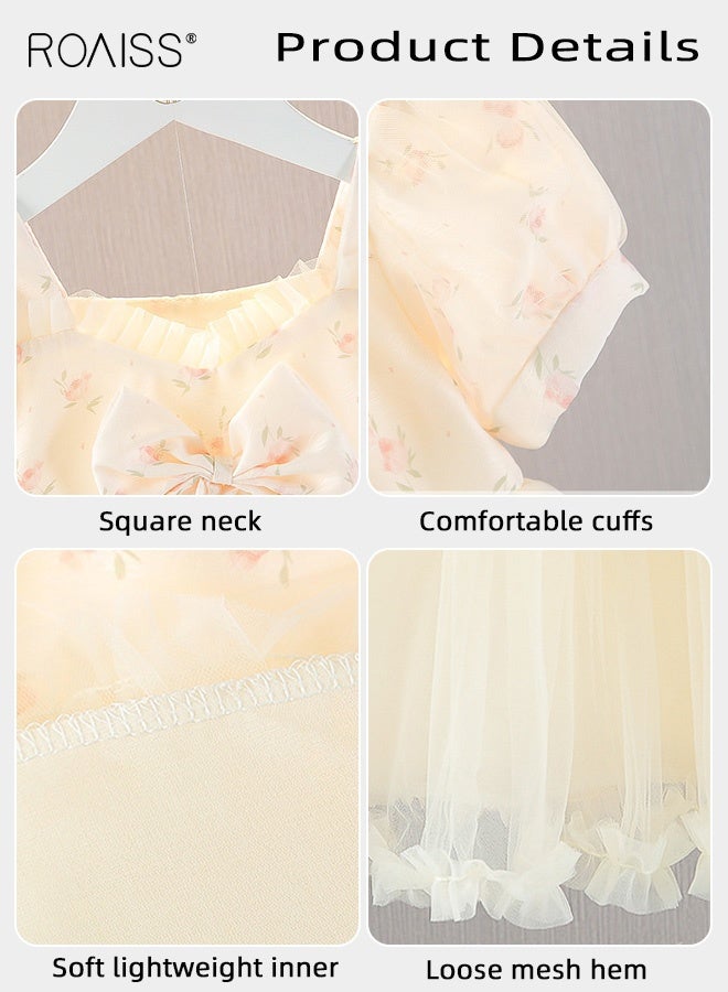 roaiss Girls Tulle Dress with Lining, Stylish Chic A-Line Dress with Bowknot, Puff Sleeve Floral Dress with Ruffled Hem, Skin-friendly Breathable Frock for Girls, Suitable for Daily Wear or Any Occasion - Image 4