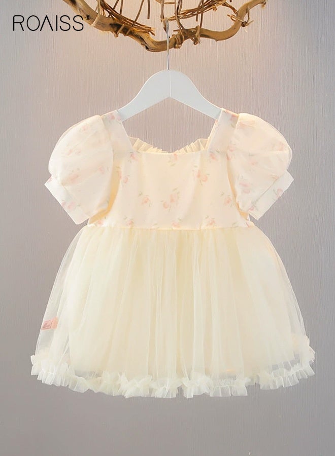roaiss Girls Tulle Dress with Lining, Stylish Chic A-Line Dress with Bowknot, Puff Sleeve Floral Dress with Ruffled Hem, Skin-friendly Breathable Frock for Girls, Suitable for Daily Wear or Any Occasion - Image 2