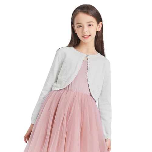 CUNYI كارديغان بوليرو للبنات من CUNYI بأكمام طويلة مزين باللمعان، كارديغان قصير بياقة دائرية، مناسب للفساتين، سترة خفيفة الوزن، أنيقة، بيضاء فضية 150 - Image 1
