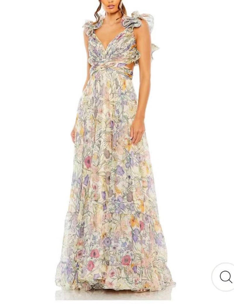 NeeMee Women's Summer Floral Print Straps Sleeveless V Neck Criss Cross Backless Chiffon Beach Boho Party Long Maxi Dress - Image 1