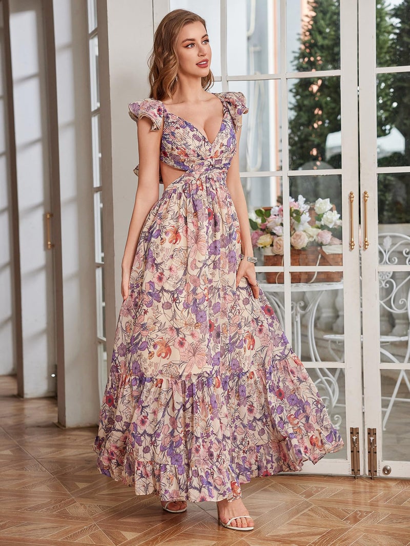 NeeMee Women's Summer Floral Print Straps Sleeveless V Neck Criss Cross Backless Chiffon Beach Boho Party Long Maxi Dress - Image 2