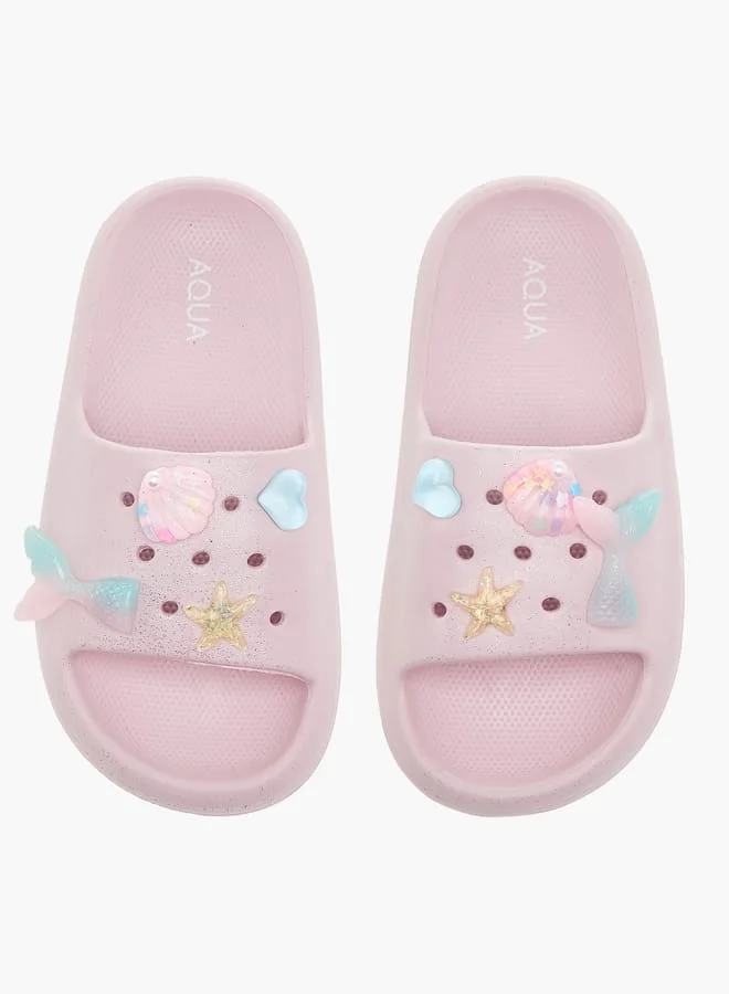 Aqua Girls Beach Applique Detail Slides