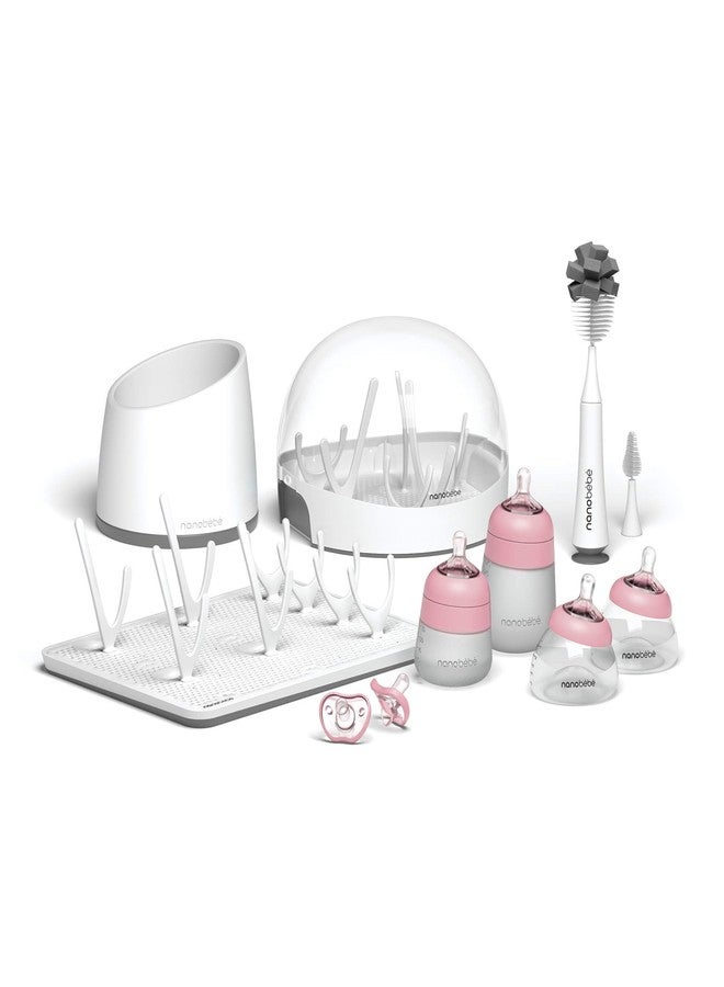 NANOBÉBÉ Nanobebe Breastmilk and Silicone Baby Bottle Ultimate Set Gen 2, 5oz and 9oz - with Sterilizer, Drying Rack, Anti-Colic Nipples, Pacifiers, and Warmer - Pink/Grey - Image 1